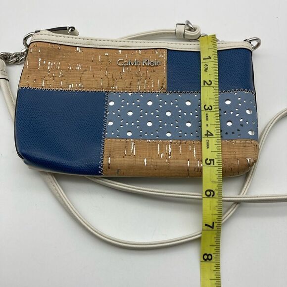 Calvin Klein Saffiano Cork Patchwork Crossbody Blue/Tan Color - Picture 8 of 9